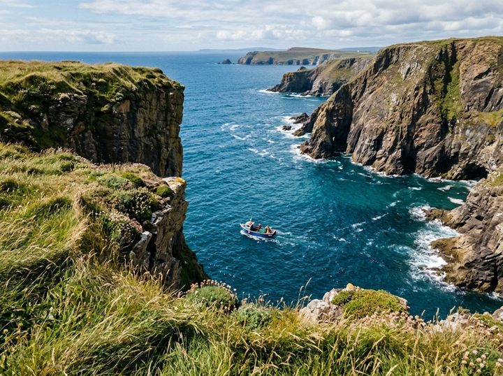 Looking down from the top of a high sea cliff to a small boat on the blue water below