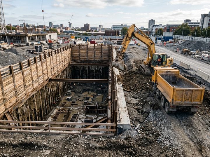 A deep rectangular hole dug for a building, with a digger and a tip truck beside it