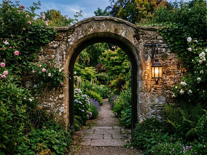 A curved stone archway into a garden, with a lantern hanging from a hook inside the arch
