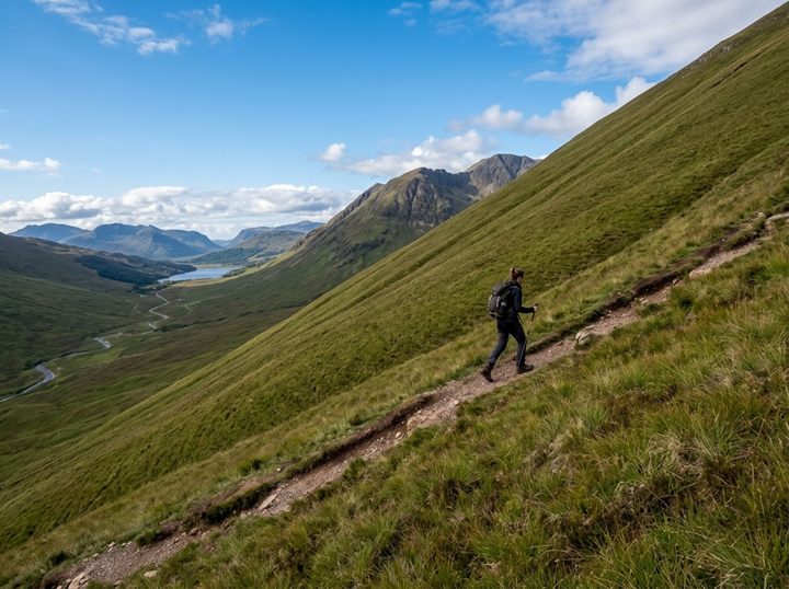 A walker climbing a track that runs diagonally across a steep grassy hillside