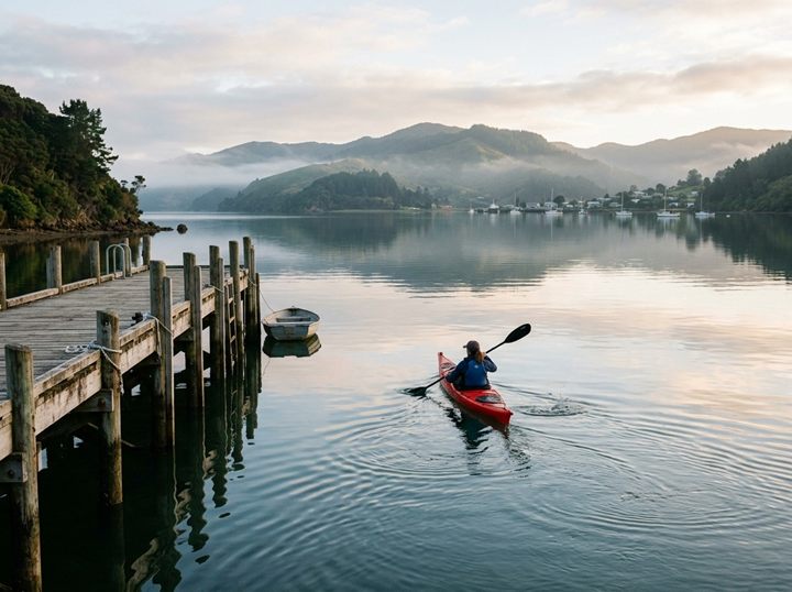 A kayaker paddling away from a wooden wharf on a calm harbour in the morning