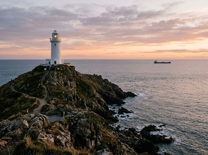A white lighthouse on a rocky headland at dusk, with a ship far out at sea