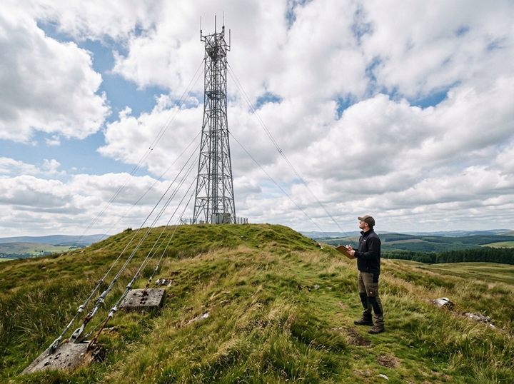 A tall steel radio mast with guy wires on a grassy hilltop, a person with a clipboard standing some distance away