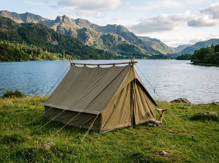 A canvas ridge tent pitched on the grass beside a lake, with mountains behind