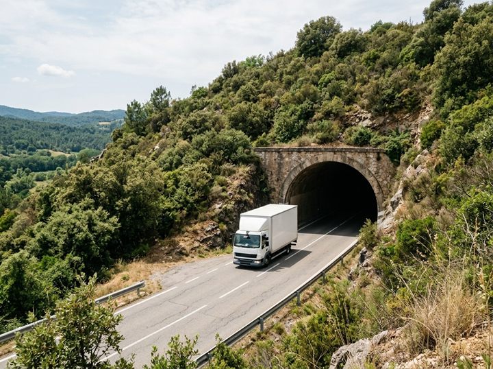 A delivery truck driving out of an arched road tunnel through a bush-covered hill