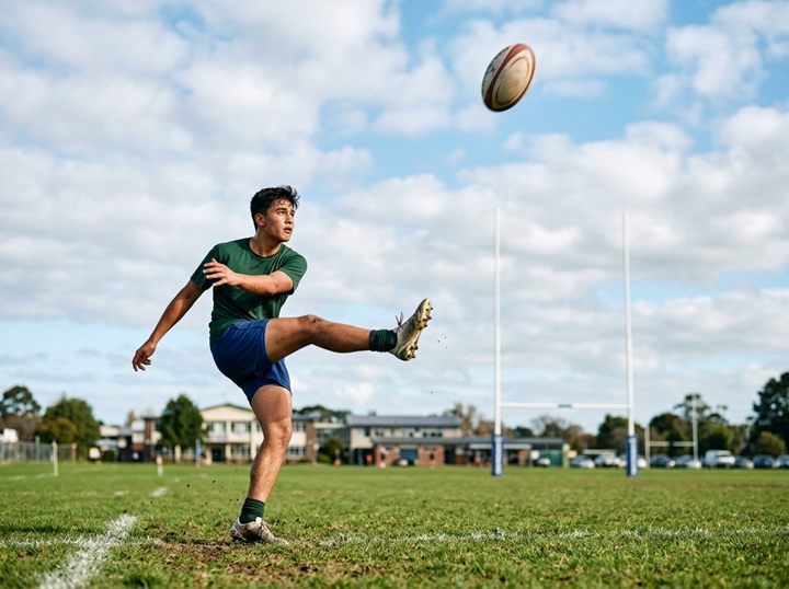 A rugby player kicking a ball high into the air on a school field, goal posts behind