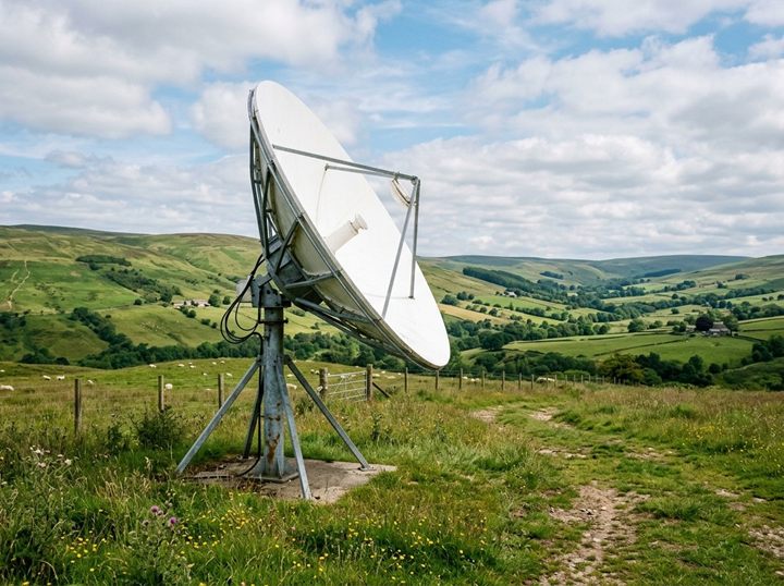 A large white satellite dish on a stand in a green rural paddock