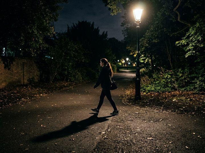 A person walking past a street lamp at night, their long shadow stretching along the path