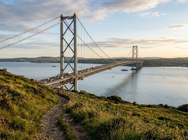 A suspension bridge across a harbour, its main cables curving down between two tall towers