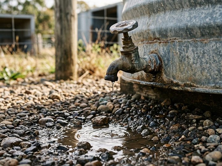 Water dripping from the tap of a metal water tank into a puddle on the gravel