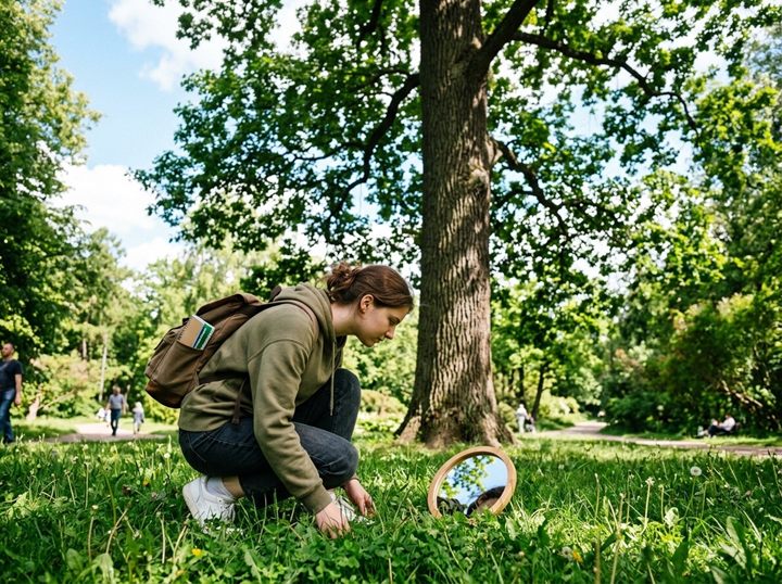 A student crouching beside a small mirror on the grass in front of a tall tree