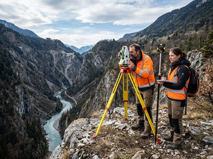 Two surveyors with a tripod on the edge of a steep river valley