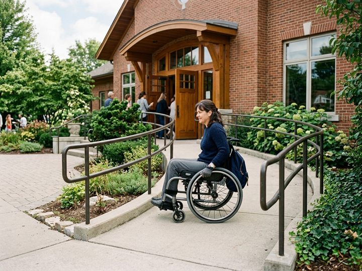 A person in a wheelchair going up a ramp with handrails to the entrance of a brick building