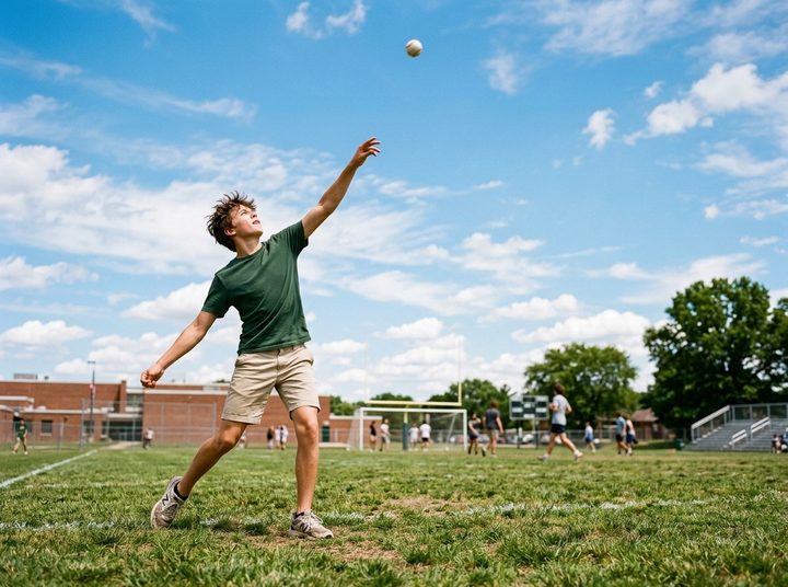 A student throwing a ball high into the air on a school field