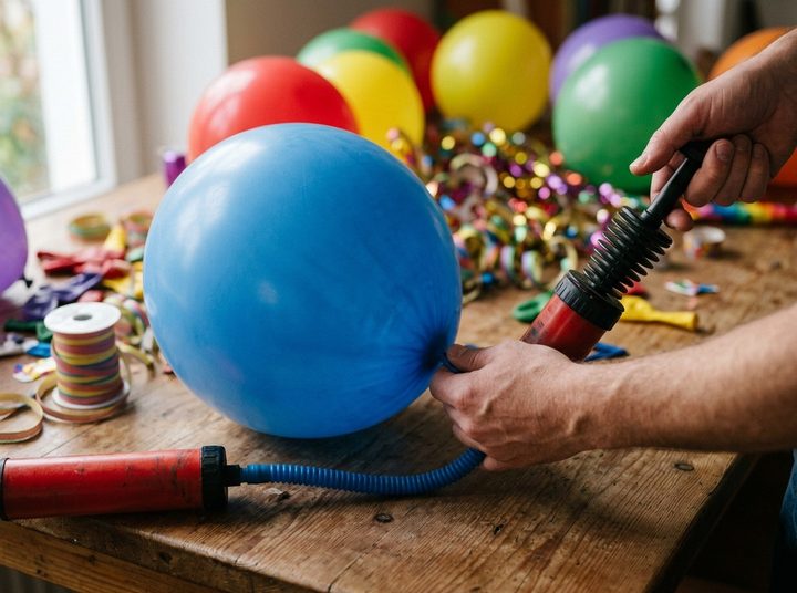 A round blue balloon being blown up with a hand pump on a table covered in party decorations