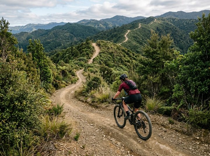 A mountain biker riding a dirt track that rises and falls over bush-covered hills