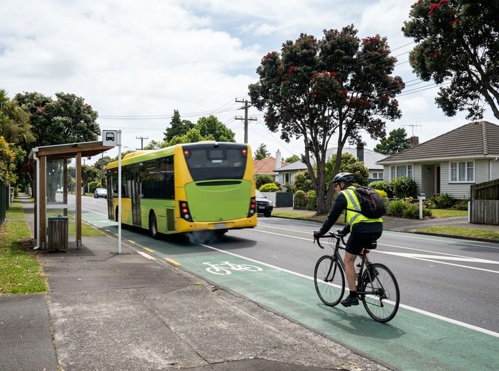 A cyclist riding in a green bike lane beside a bus pulling away from a suburban bus stop