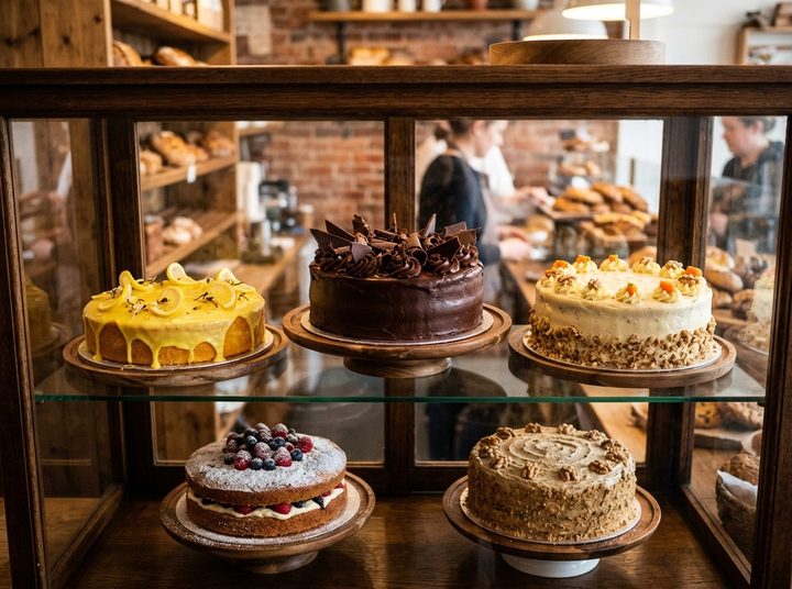 A bakery display cabinet with chocolate, lemon and carrot cakes on stands