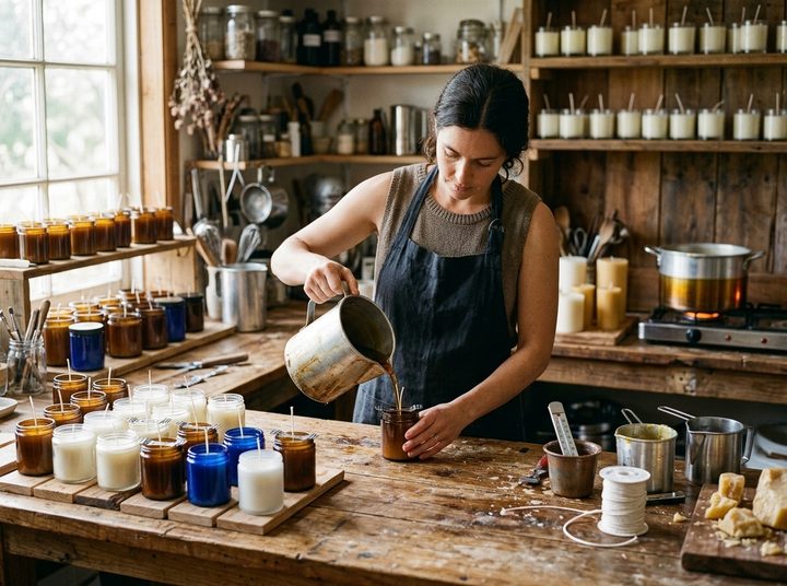 A candle maker pouring melted wax into glass jars on a workshop bench