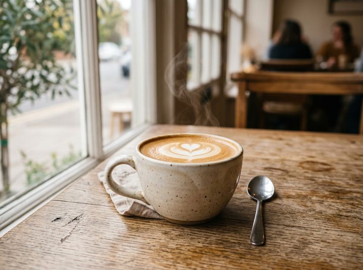 A freshly poured coffee with a fern pattern in the milk, on a wooden café table by a window