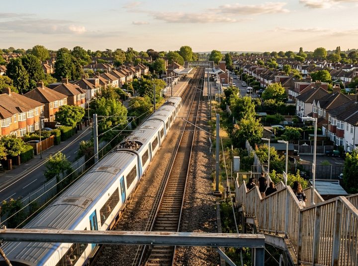An electric commuter train on a straight track between rows of suburban houses, seen from a footbridge