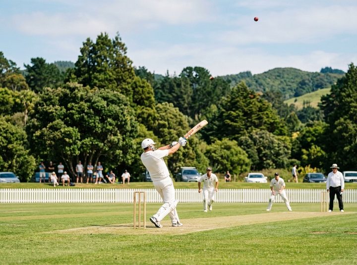 A batter hitting a cricket ball high into the air at a club cricket ground
