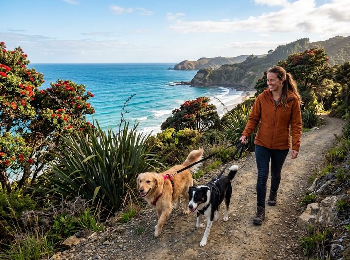 A woman walking two dogs on a coastal track lined with flax and red-flowering pohutukawa