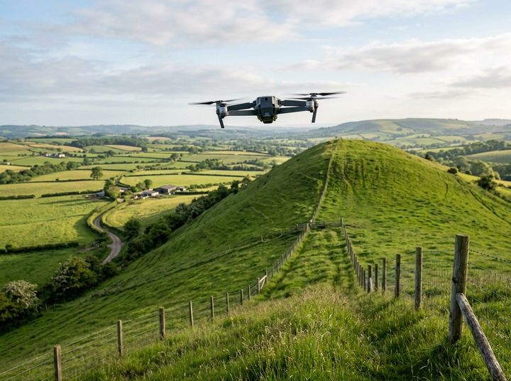 A drone flying towards the crest of a steep grassy hill above green farmland