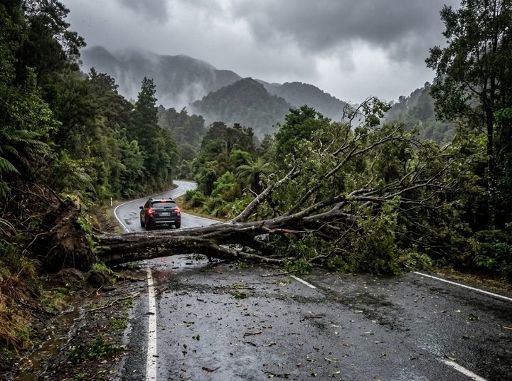 A large fallen tree lying across a wet two-lane road through native bush
