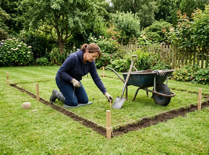 A gardener marking out a rectangular vegetable garden on a lawn with string lines and pegs