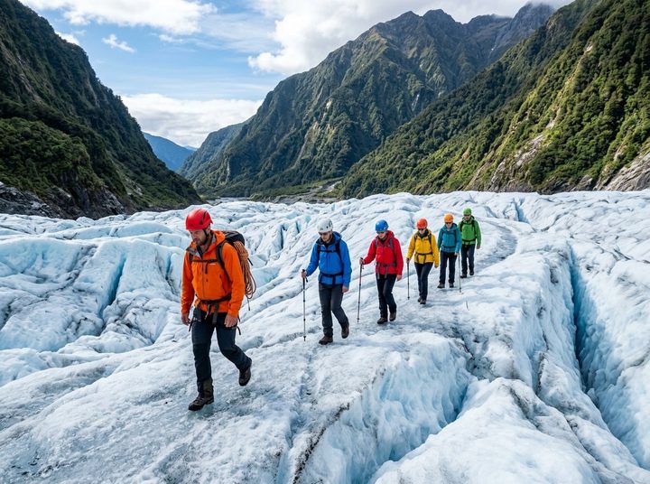 A guided group walking in a line across a glacier, with steep bush-covered mountains on either side