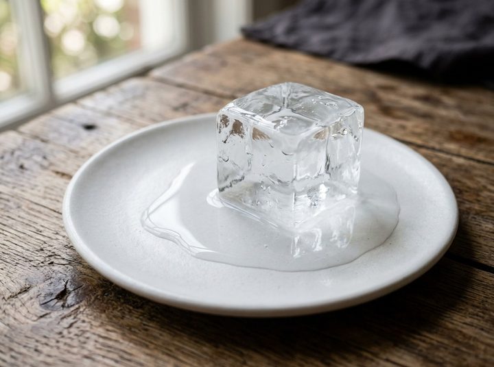 A large ice cube melting on a white plate, with a small puddle of water around it