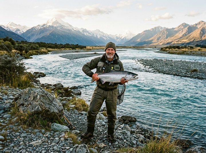 An angler on the stony bank of a braided river holding a large silver king salmon