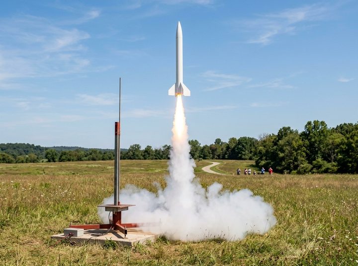 A model rocket launching straight up from a launch pad in a grassy field, trailing white smoke