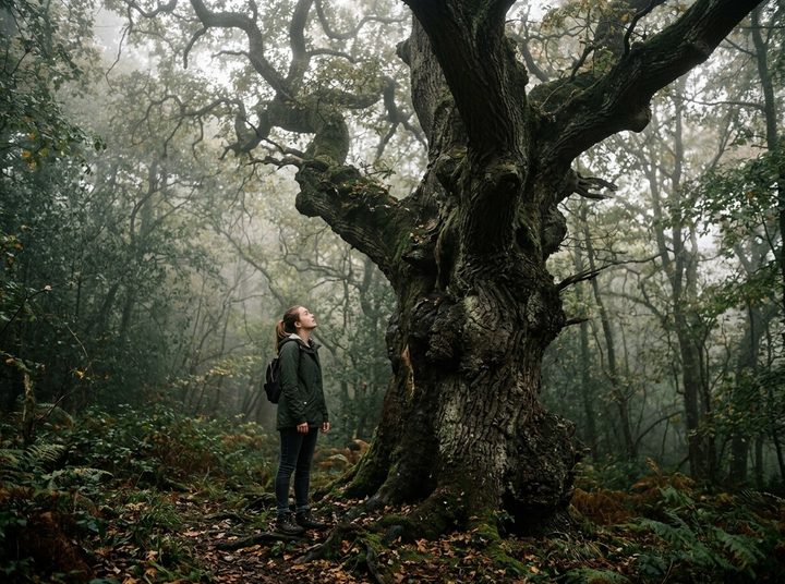 A walker looking up at the huge twisted trunk of a very old oak tree in a misty forest