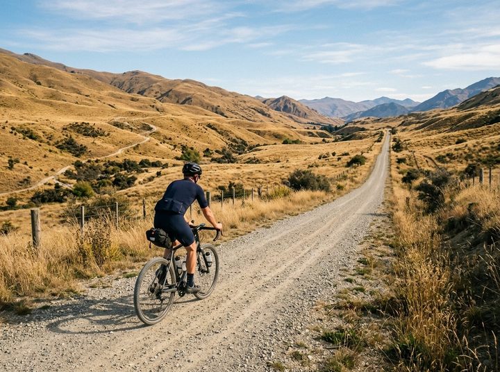 A cyclist riding a gravel rail trail through dry golden hills in Central Otago
