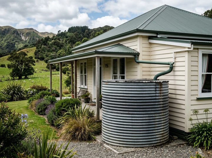 A round corrugated-iron water tank beside a weatherboard farmhouse, fed by a downpipe from the roof