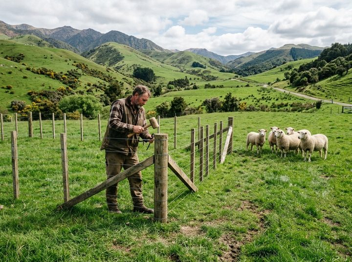 A farmer building a post-and-wire fence for a pen in a green paddock, with sheep watching