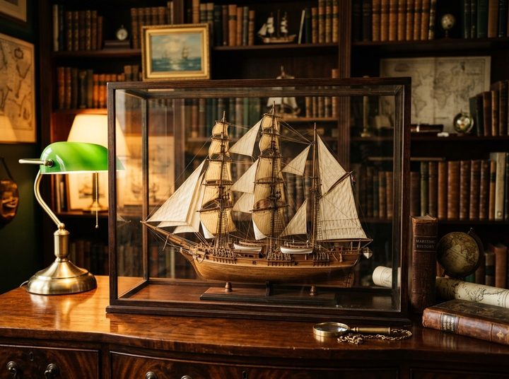 An antique model sailing ship in a glass display case in a collector's study
