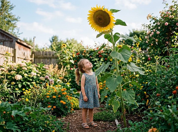 A child looking up at a sunflower that has grown taller than them in a garden